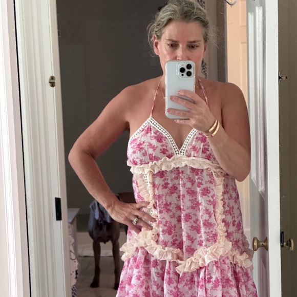 CHIO Floral Frill Short Dress Pink, Medium, unlined pull on styling - Picture 2 of 8